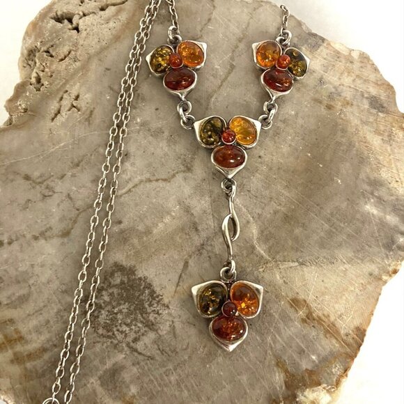 Sterling Silver 925 Multi Color Baltic Amber Flower Floral Y Necklace 16" -17.5" - Picture 2 of 16